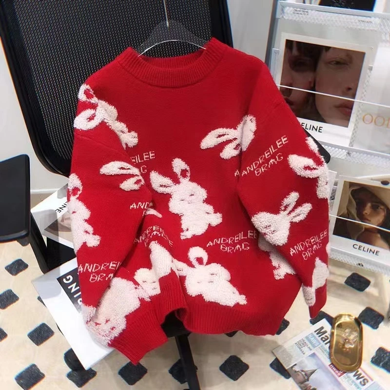 软糯红色可爱小兔兔毛衣宽松慵懒风针织衫女加厚秋冬套头长袖通勤