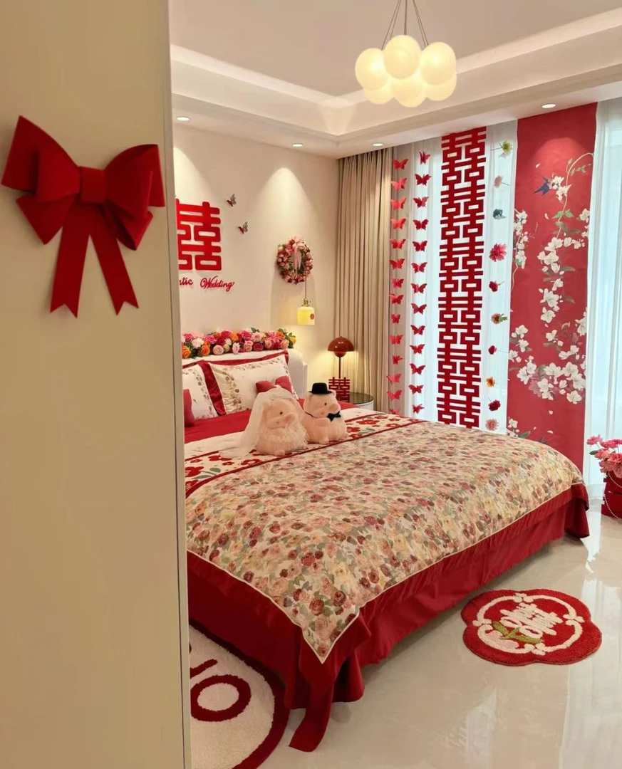 乐优公主100支长绒棉结婚四件套大红色婚嫁婚庆婚房床单床上用品