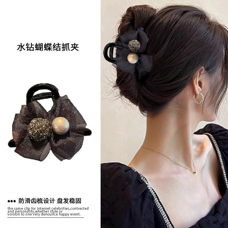 高级感水钻发夹女蝴蝶结盘发抓夹鲨鱼夹后脑勺小号网红头发卡头饰