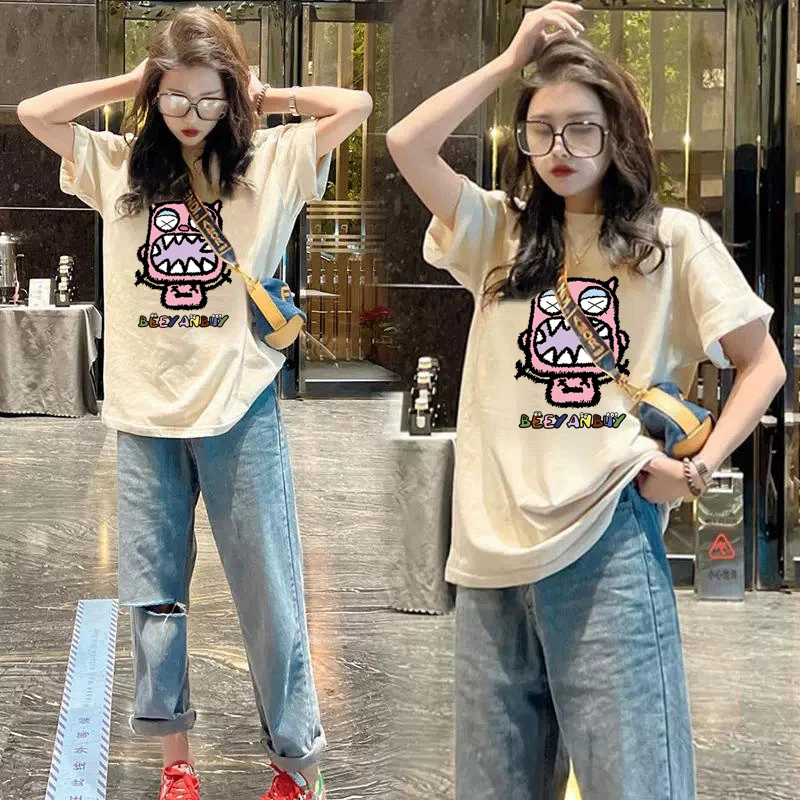 2025新款纯棉短袖t恤女夏季oversize宽松印花显瘦中长款上衣夏装