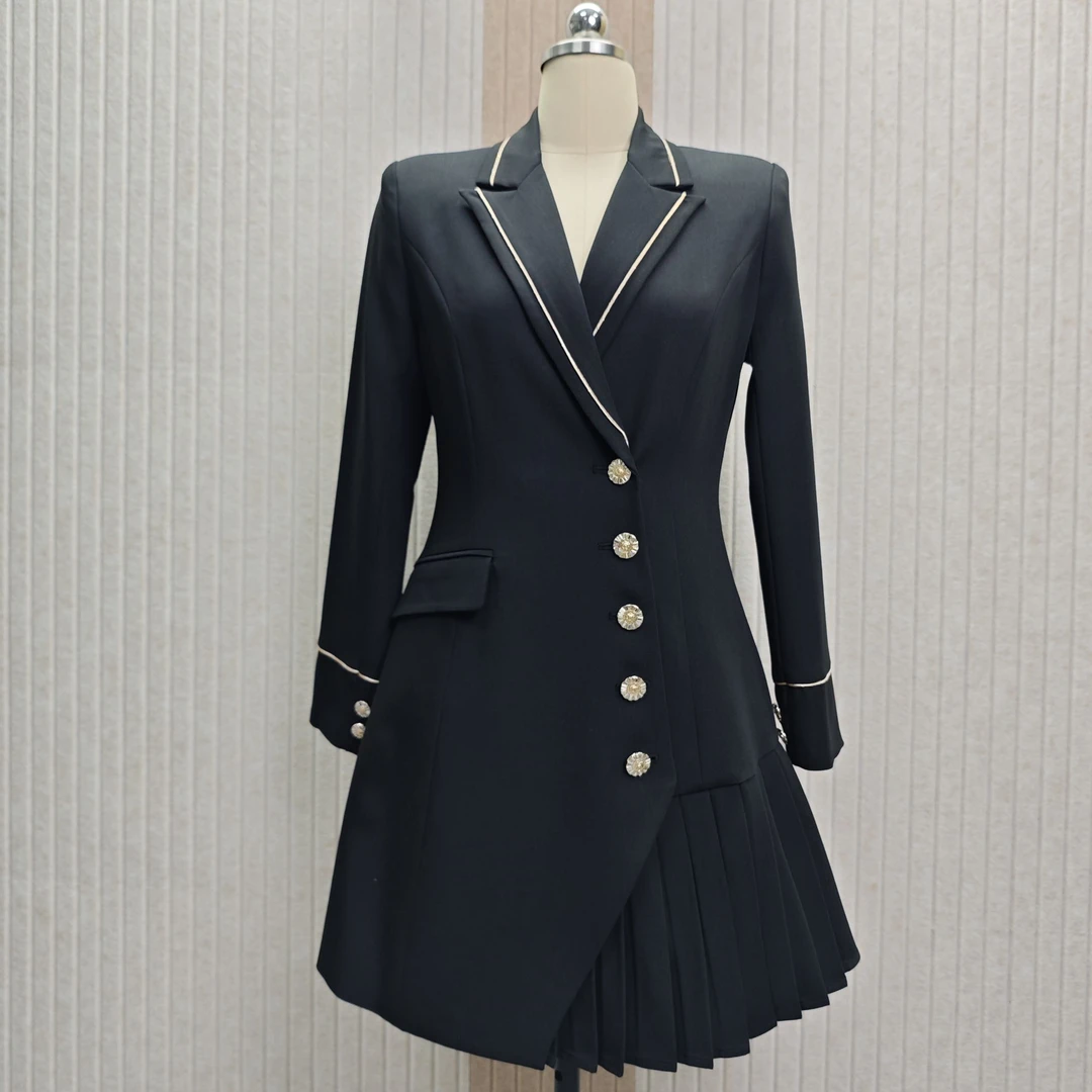 2024新款单边摆褶皱设计时尚优雅女神气质收腰显瘦女装西装连衣裙