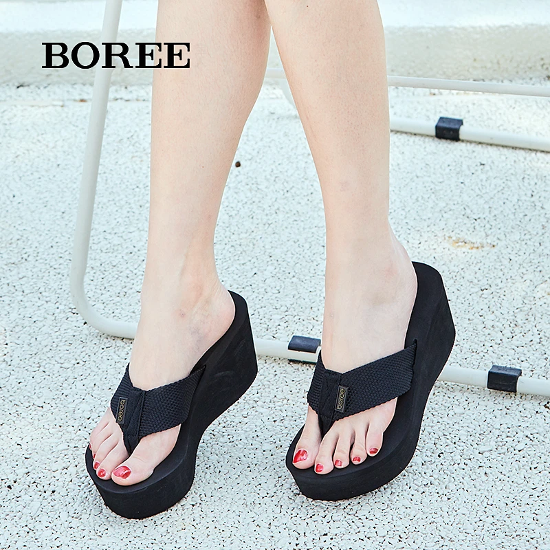 Boree/宝人拖鞋女士高跟厚底室外坡跟外出人字拖防滑百搭凉拖鞋