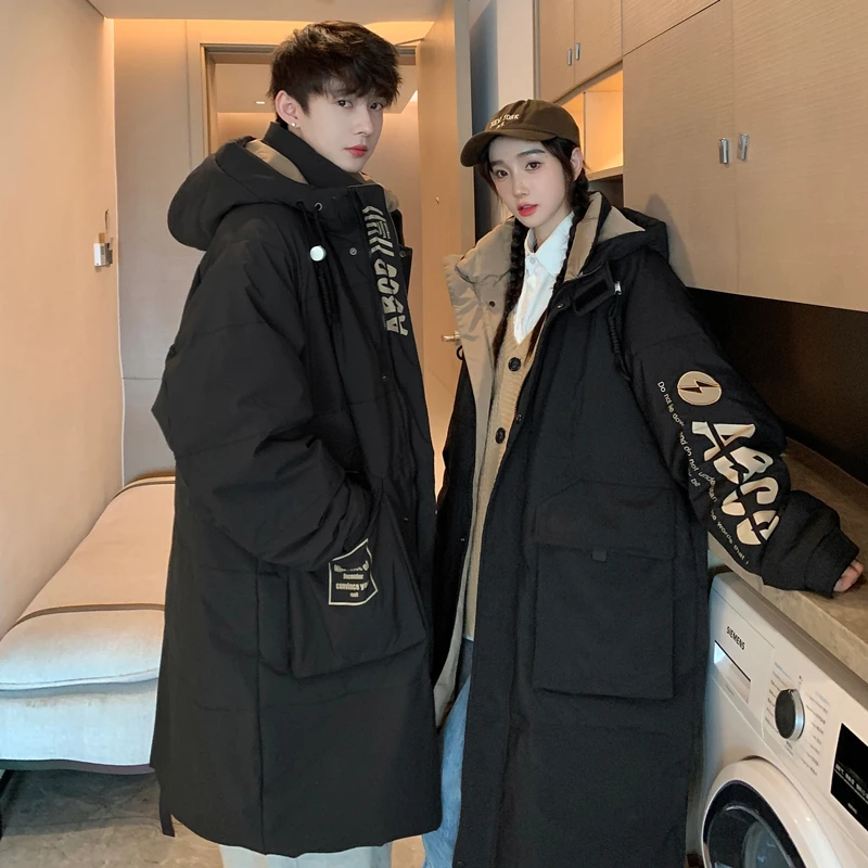韩版工装中长款羽绒服男冬新款保暖加厚学生大衣保暖防寒情侣外套