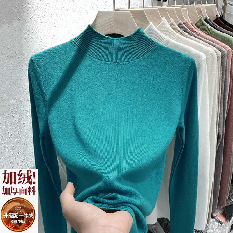 欧洲站2025秋冬加绒针织衫女装内搭半高领长袖上衣一体绒打底衫潮
