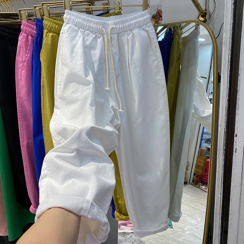 休闲裤女2025春秋大码阔腿裤宽松白色薄款直筒九分萝卜哈伦裤透气