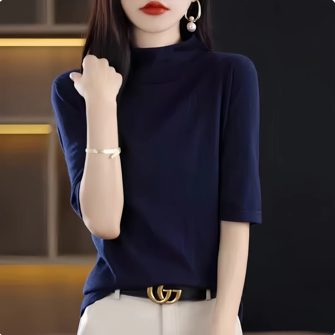 大码胖mm气质打底衫女春秋半高领中袖t恤洋气中领针织衫半袖上衣