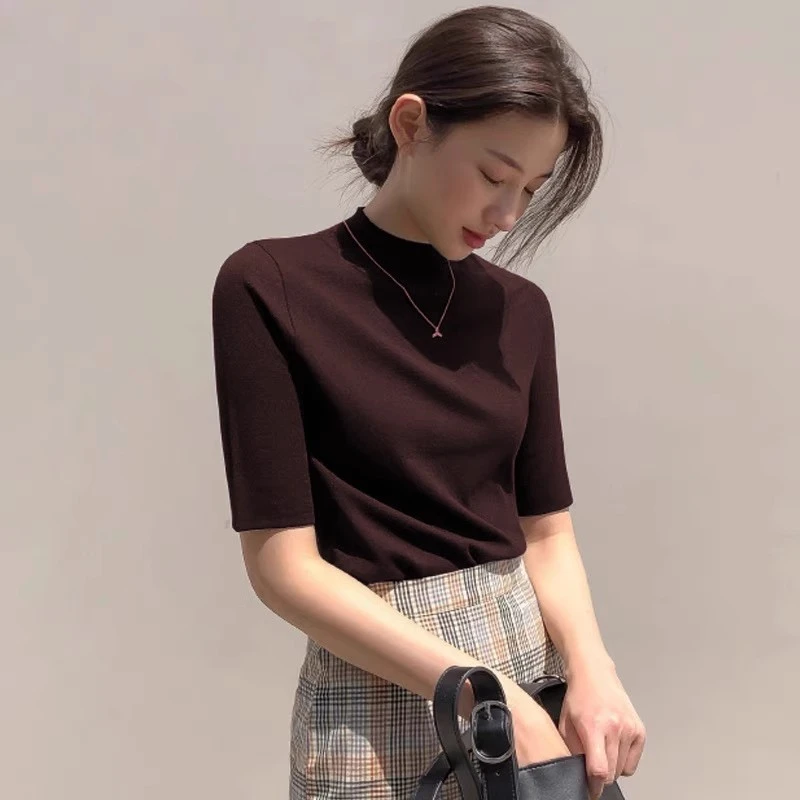 半高领针织衫女秋季半袖修身显瘦薄款气质打底衫软糯中袖洋气上衣