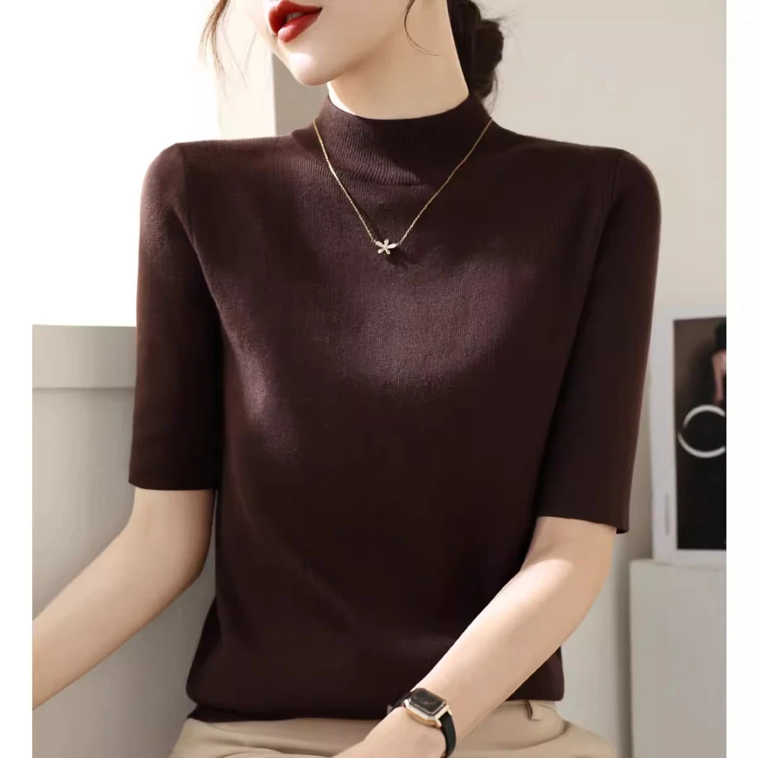 春秋时尚潮流半高领五分袖针织衫毛衣女2025新款修身中袖打底上衣