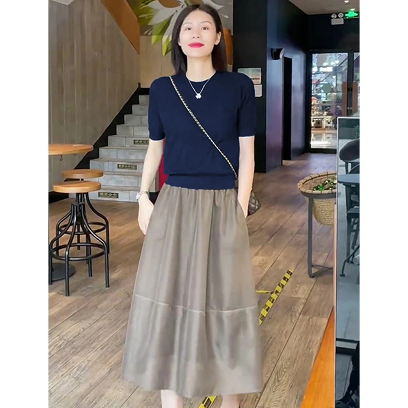 冰丝针织衫上衣女夏装2025新款藏蓝色短袖t恤女宽松薄款打底衫潮