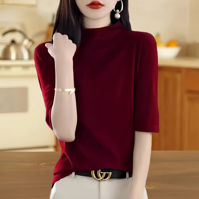 大码气质半高领打底衫女装春秋冬中袖T恤上衣洋气盛红针织衫时尚
