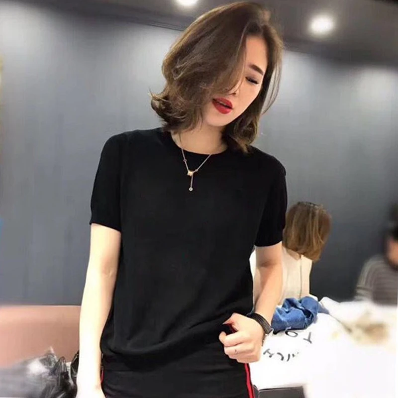 欧洲站短袖t恤女夏季2025新款冰丝针织薄款圆领宽松打底上衣衫潮