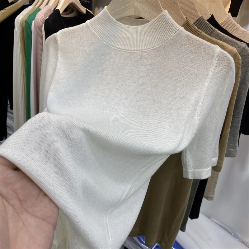 欧货半高领打底衫女春秋针织衫大码毛衣中袖洋气五分袖内搭上衣潮