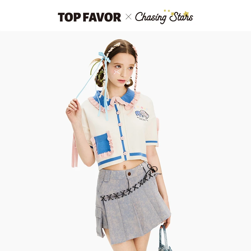 TOP FAVOR【甜心日记】可爱花边蓝色针织衫甜甜圈刺绣时尚百搭上衣