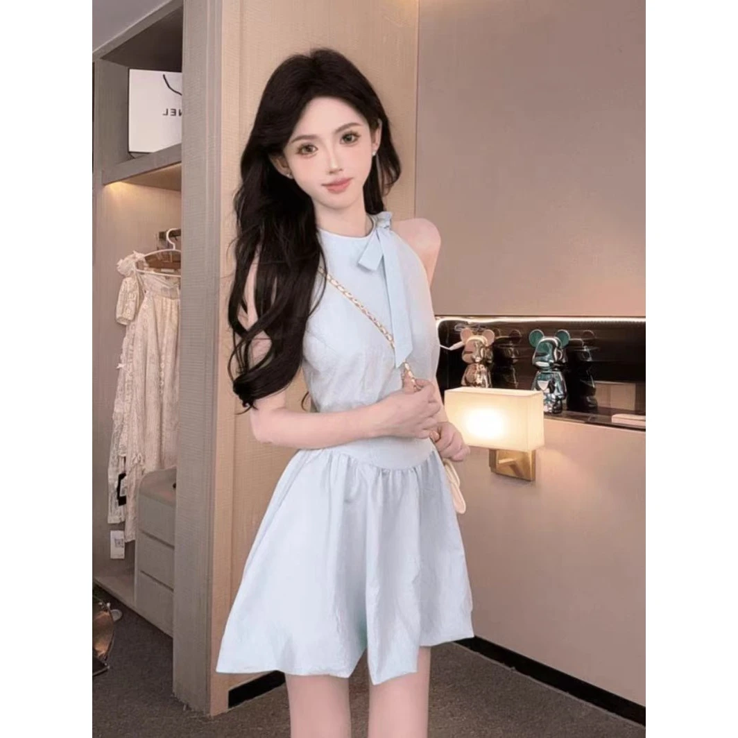 2024夏季新款网红小个子连衣裙无袖白色法式气质无袖辣妹连衣裙女
