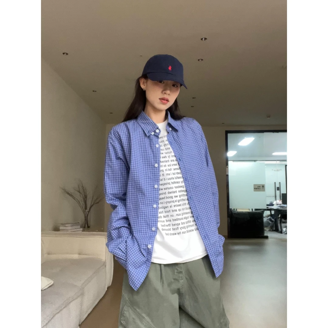 美式复古蓝色格纹长袖衬衫女早秋气质宽松慵懒感百搭氛围衬衣外套