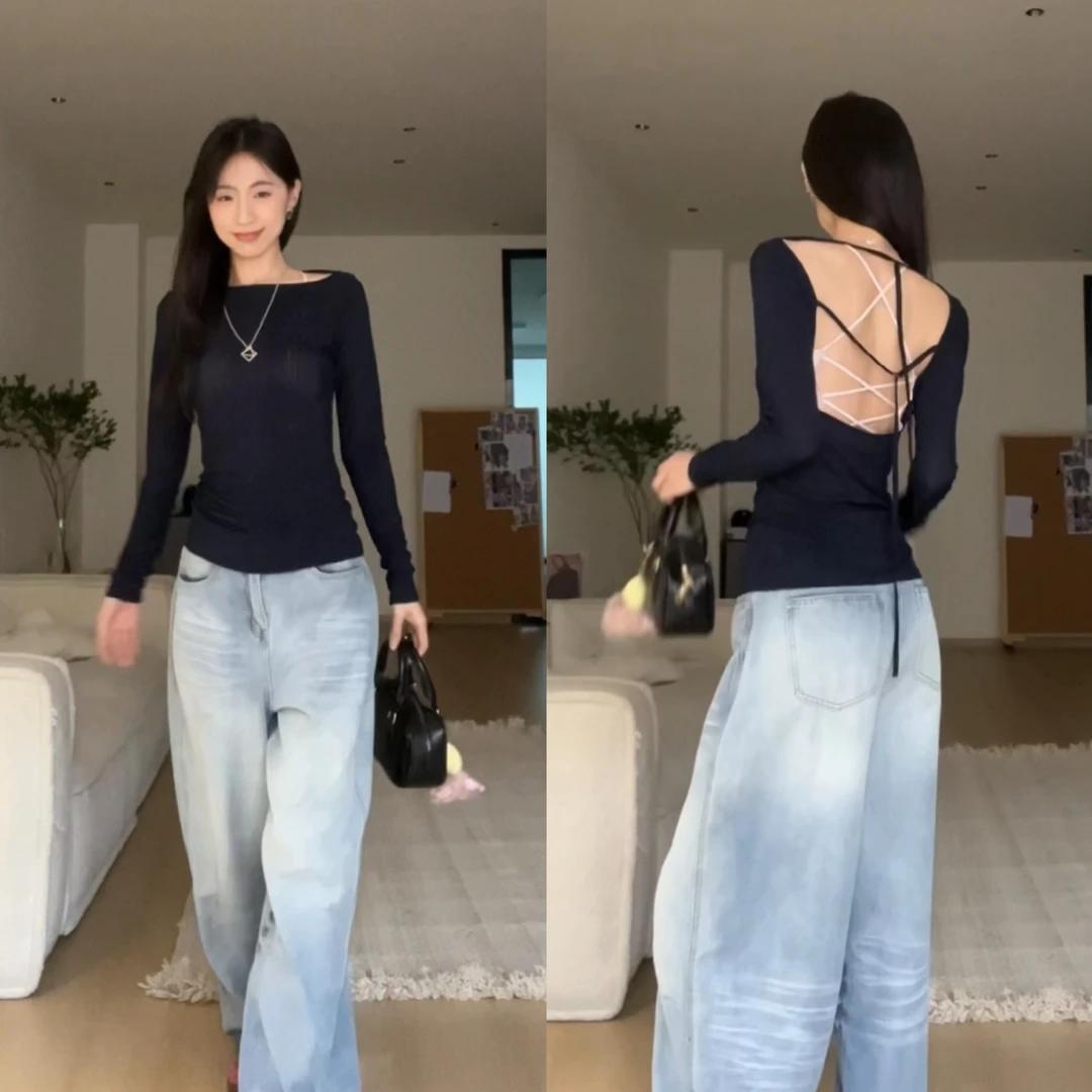 慵懒感复古小众性感露背纯色修身上衣长袖T恤夏季轻薄休闲绑带