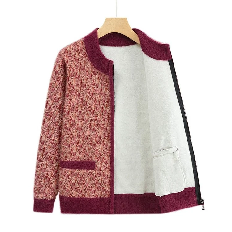 妈妈装秋冬新款弹力针织大码外套中老年女装加绒保暖开衫外套46