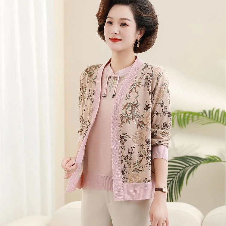 新中式妈妈装高端款真两件套弹力大码洋气短袖加长袖开衫外套