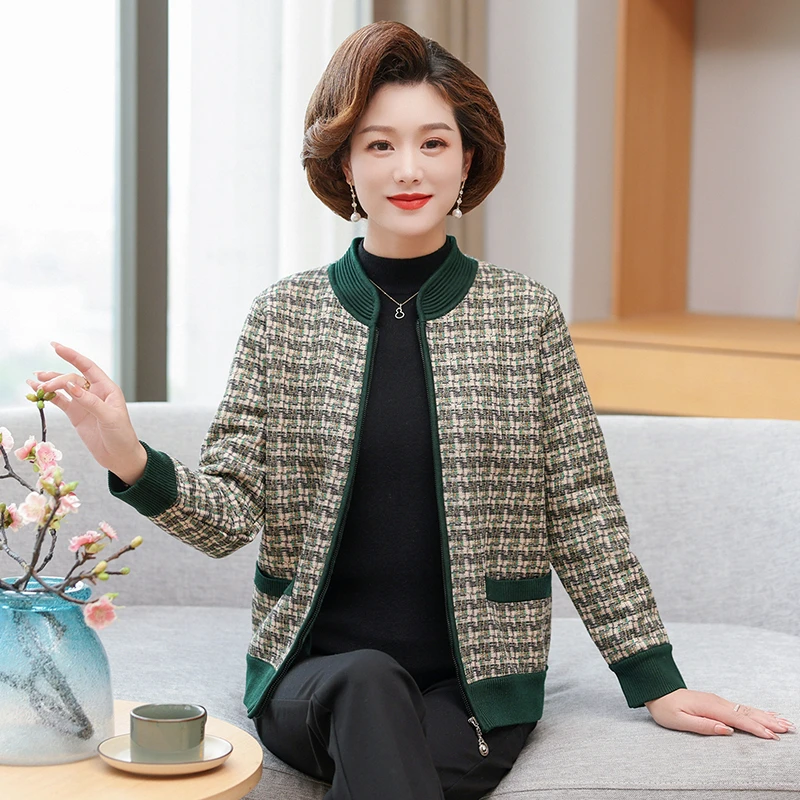 中老年女装冬装加绒保暖外套秋冬格子妈妈装短外套老太太上衣开衫