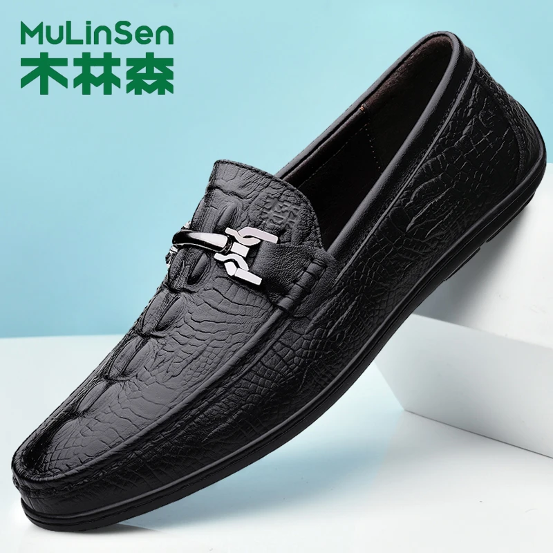 木林森头层牛皮男鞋鳄鱼纹一脚蹬豆豆鞋男时尚英伦潮流男士休闲鞋