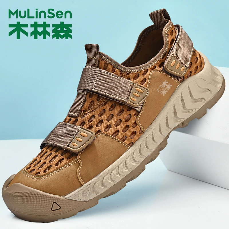 木林森网面凉鞋男潮流百搭男士休闲鞋镂空透气一脚蹬防滑软底皮鞋