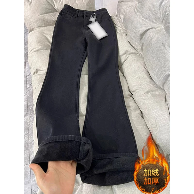 300斤大码女装黑色加绒加厚牛仔裤女胖mm保暖女裤弹力显瘦微喇裤
