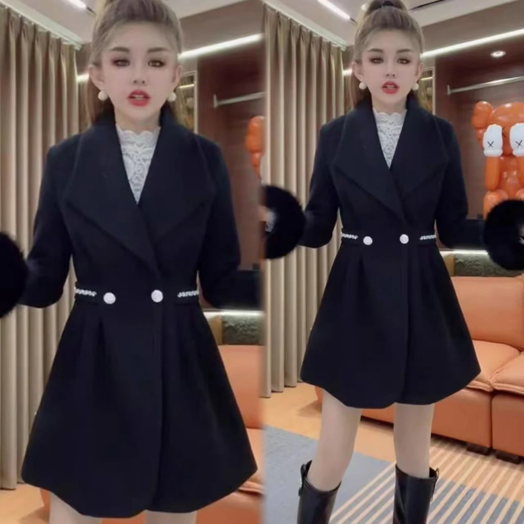 高级感秋冬时尚穿搭洋气大衣女收腰显瘦百搭中长款毛毛袖保暖套装