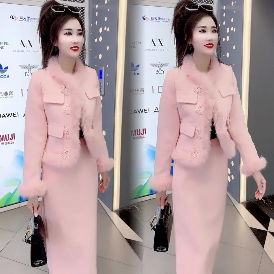 温婉淑女时尚国潮套装裙女冬季新款洋气文艺复古半身裙加厚两件套