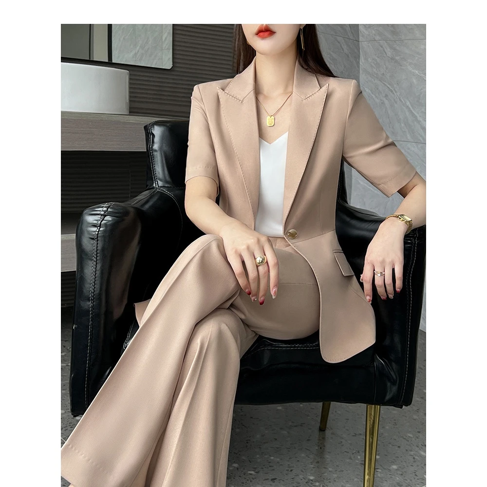 夏季新款轻奢西装职业装香槟色薄款短袖时尚经理总裁白领西服套装