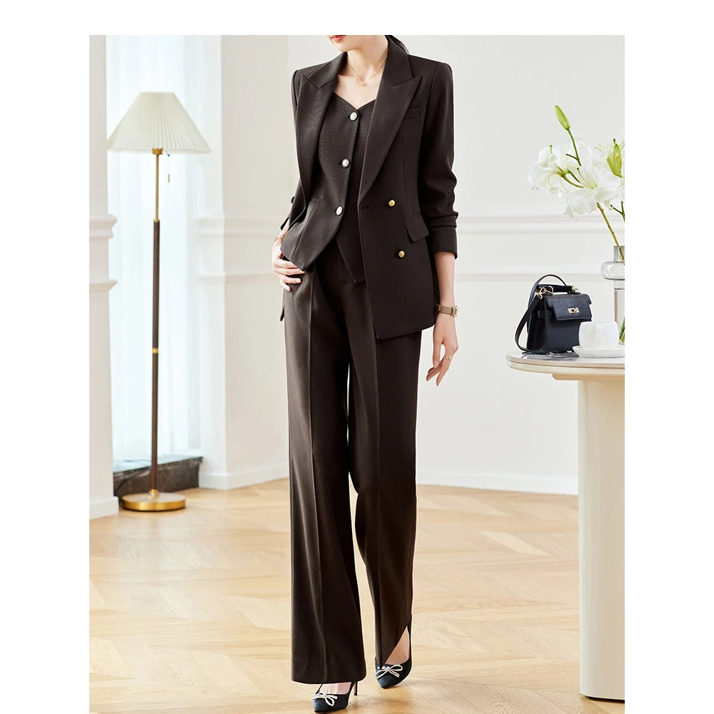 高档春秋马甲职业西装套装阔腿裤咖色三件套通勤气质律师工作服