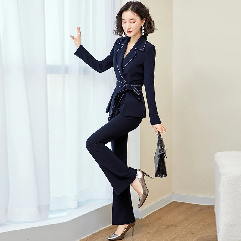 2023春季职业西服套装长裤阔腿裤时尚修身轻质名媛风西装工作服春