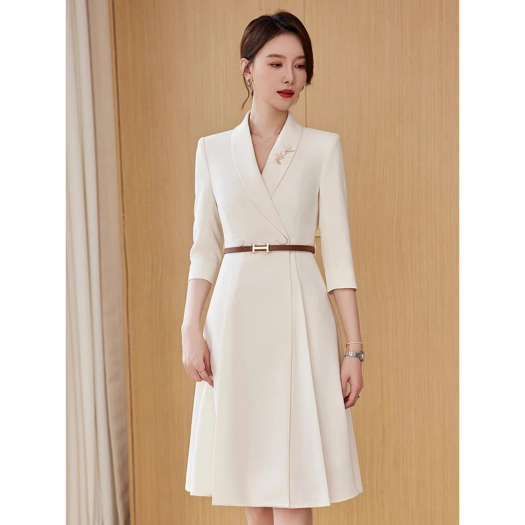 2025春夏季新款教师职场连衣裙七分袖西装裙主持人高级感播音艺考