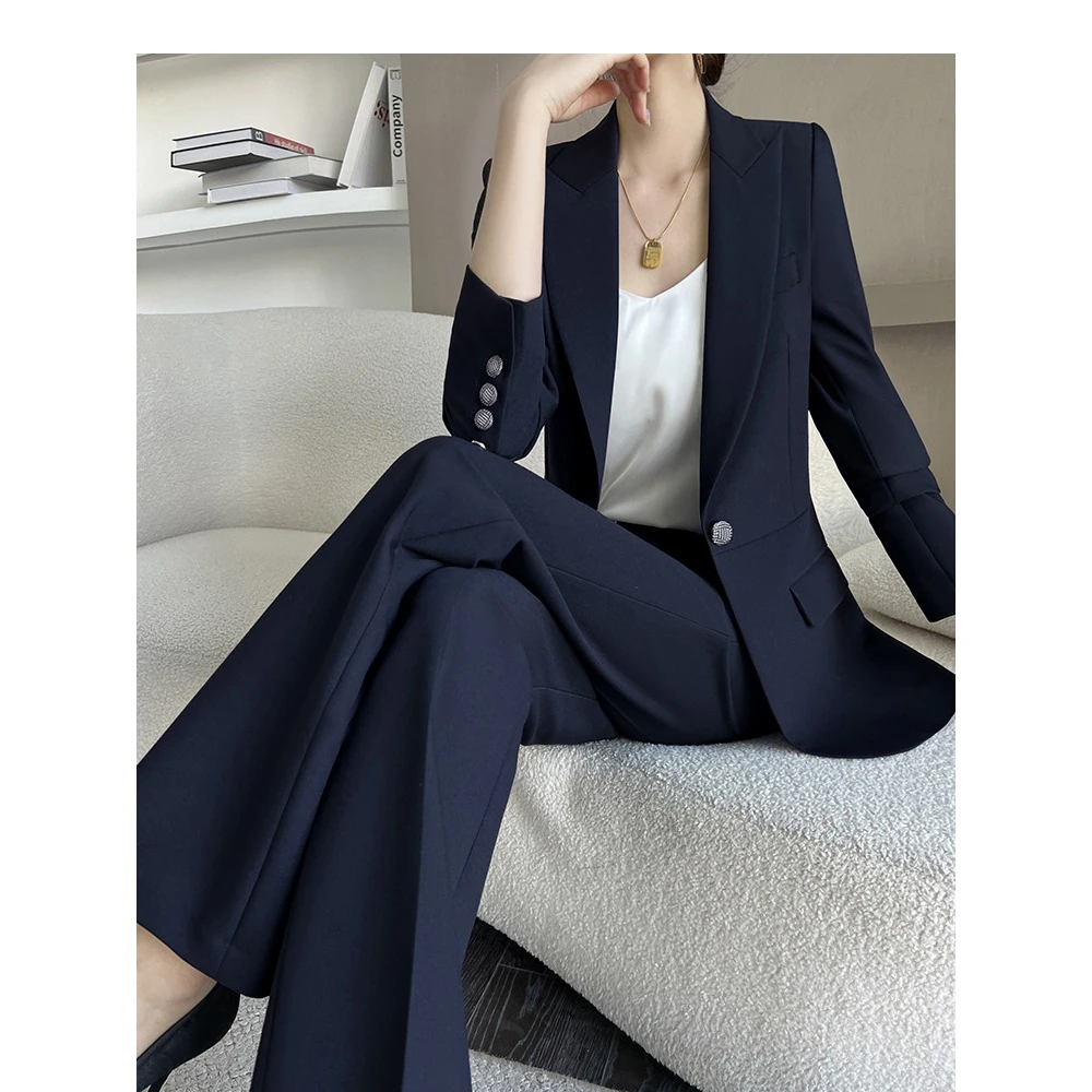 春秋季高端藏青色女职场女神范西装套装微喇裤轻奢御姐风职业装