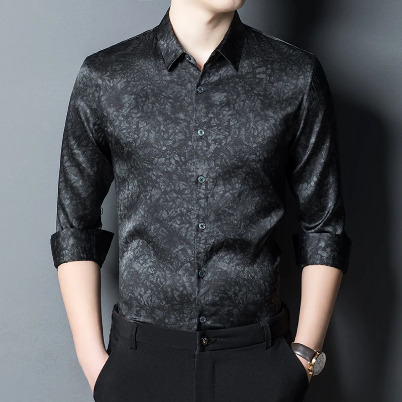 高端重磅桑蚕丝轻奢男士衬衫轻奢春秋商务休闲男士修身长袖衬衣款