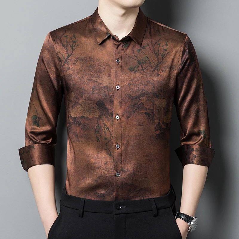 重磅香云纱男装衬衫桑蚕丝长袖高端丝绸商务休闲男款衬衣高档男装
