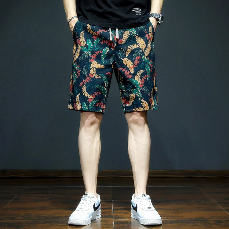 潮牌沙滩裤男中裤休闲裤复古印花短裤宽松薄款大码五分裤速干裤衩