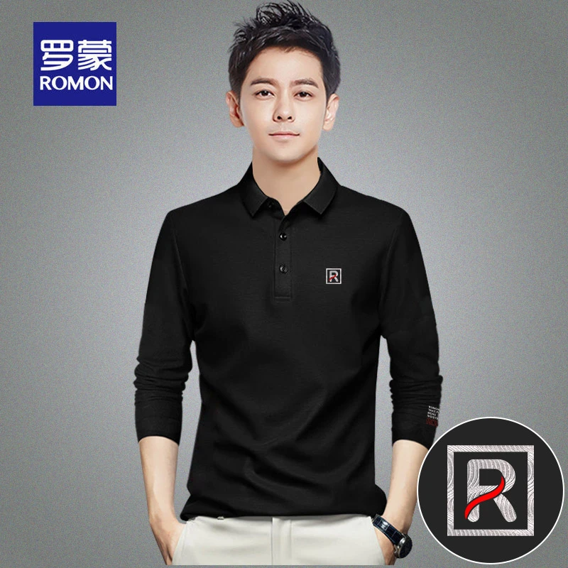 Romon/罗蒙长袖t恤男装春秋季宽松美式翻领Polo衫中年爸爸R763