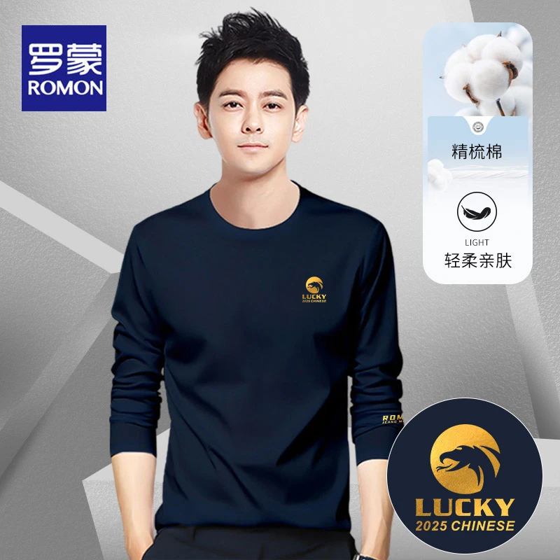 罗蒙2025春秋季新款长袖t恤男宽松时尚圆领简约体恤休闲上衣服潮