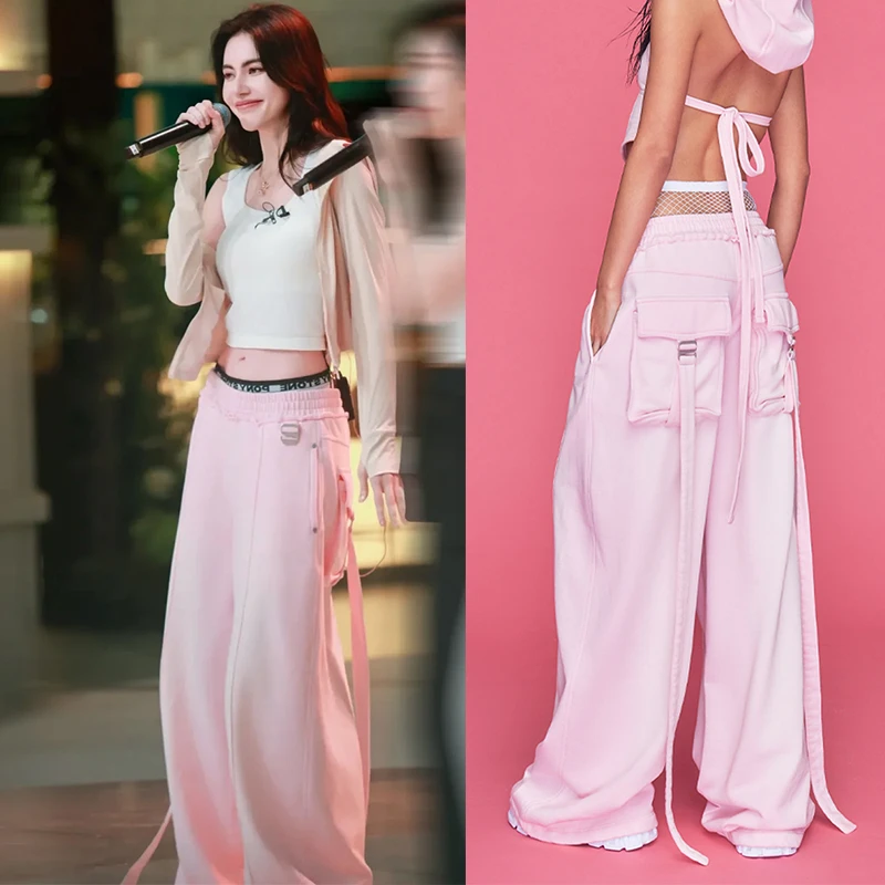 浪姐5同款粉色卫裤百搭飘带工装裤2025春秋时尚休闲垂感运动裤467