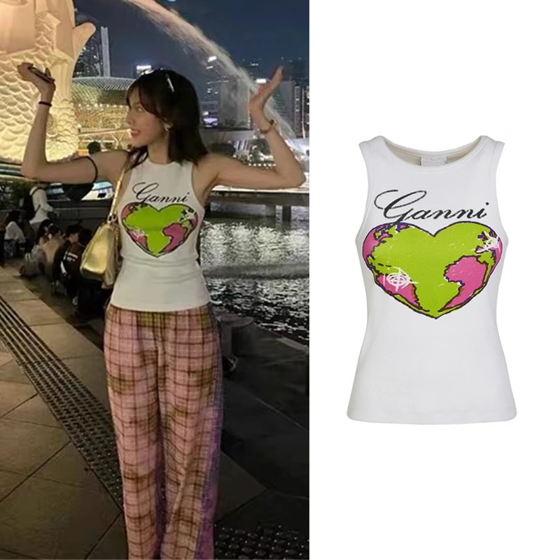 【心形修身无袖背心】2025夏季时尚字母地球休闲上衣女修身辣妹207