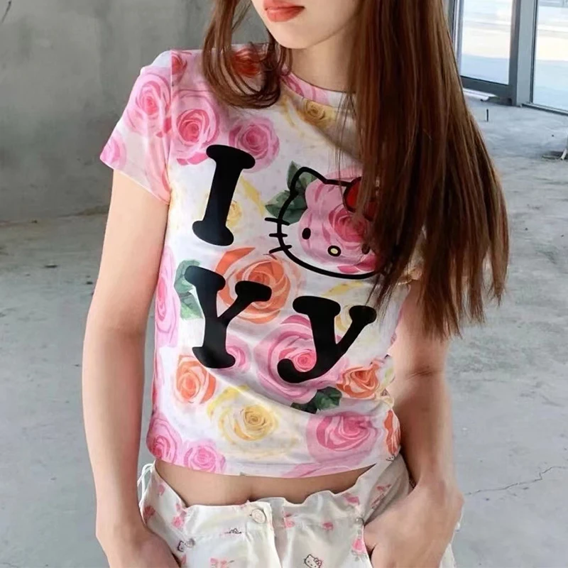 【Kitty玫瑰】显瘦韩系2025夏季新款印花短袖T恤女小众设计感155