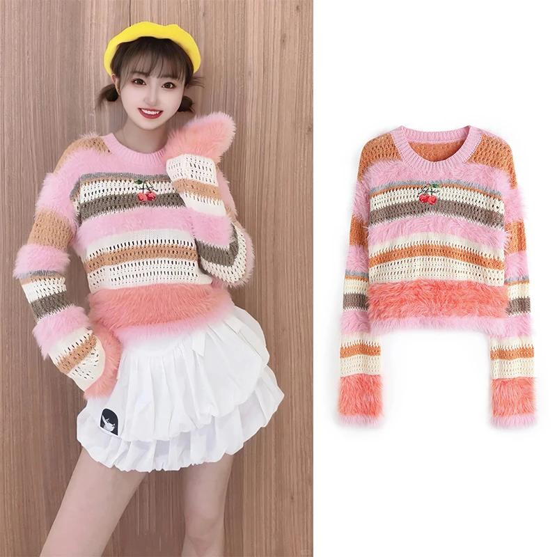 复古条纹撞色毛针织衫女秋2025新款时尚洋气镂空软糯套头毛衣631