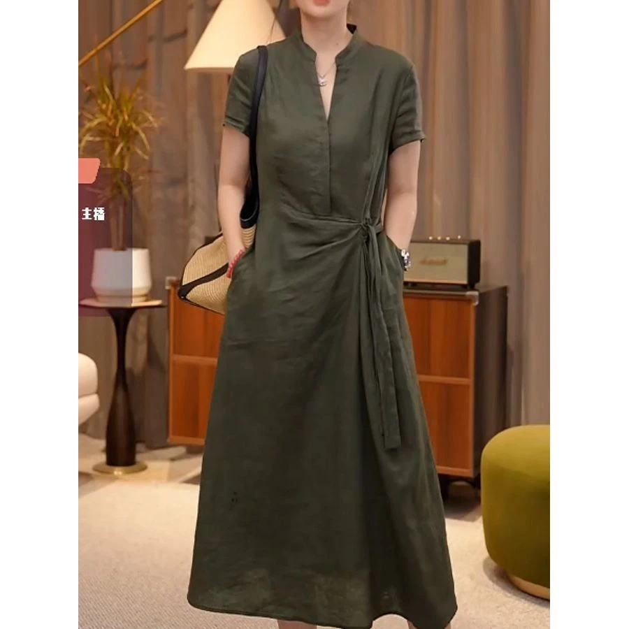 高档时尚V领短袖系带连衣裙2025夏季新款民族风气质收腰显瘦A字裙