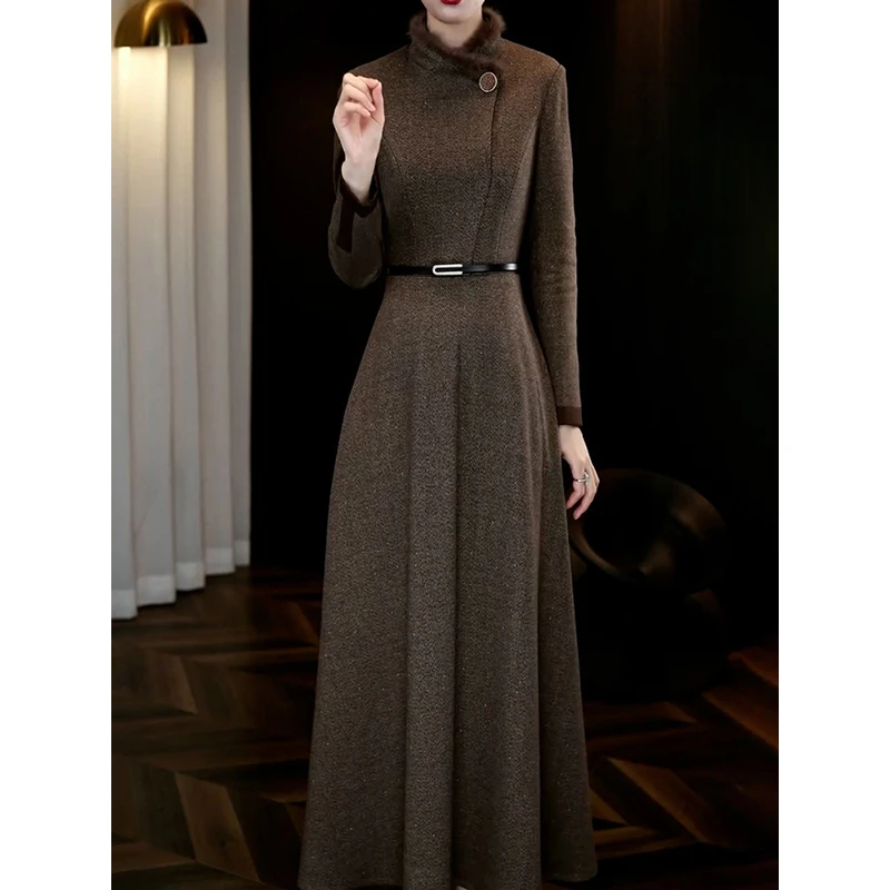 送腰带!高级感气质名媛保暖A字裙2025秋冬新款宽松显瘦加厚连衣裙