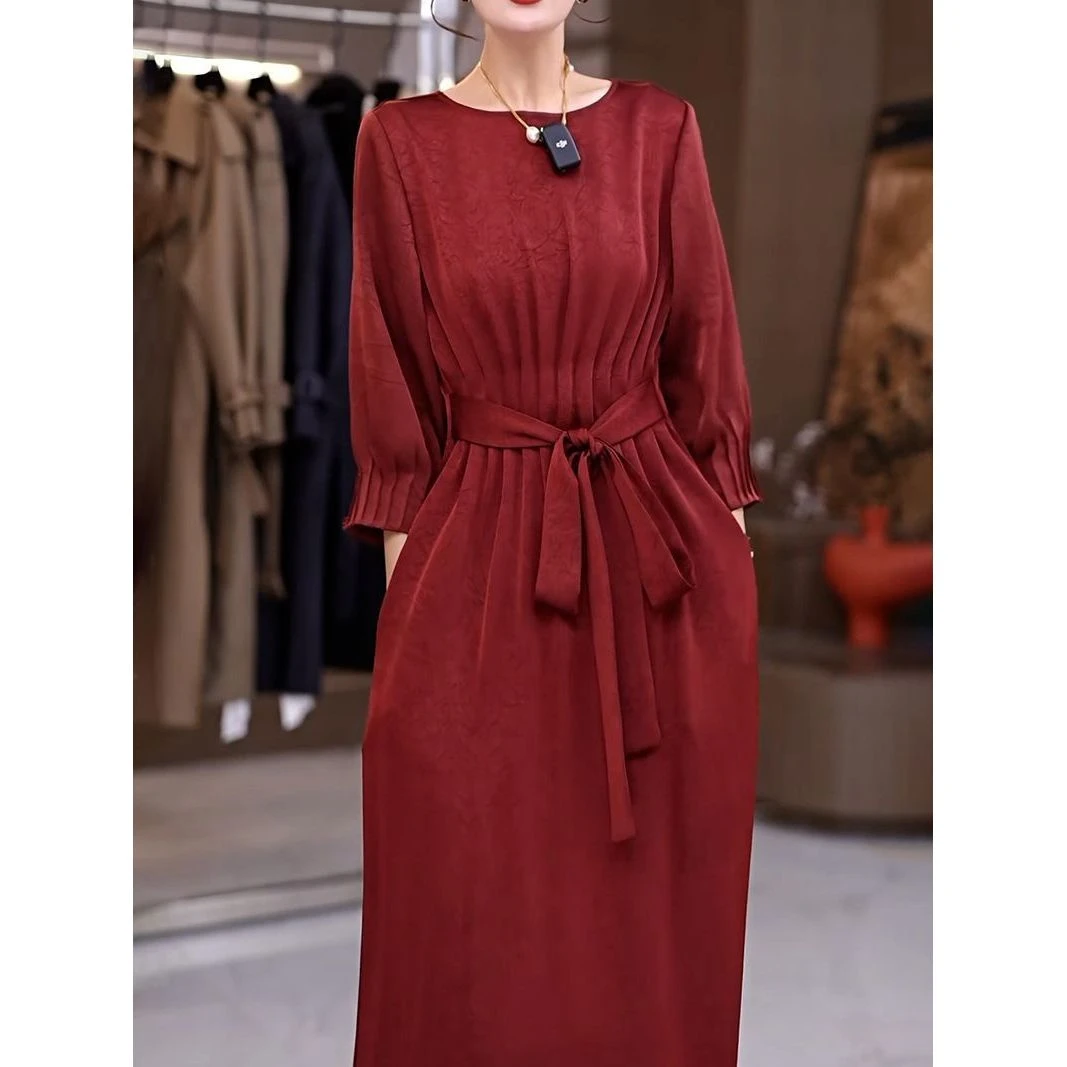 高档时尚优雅轻奢系带连衣裙2025早秋新款妈妈气质减龄显瘦A字裙