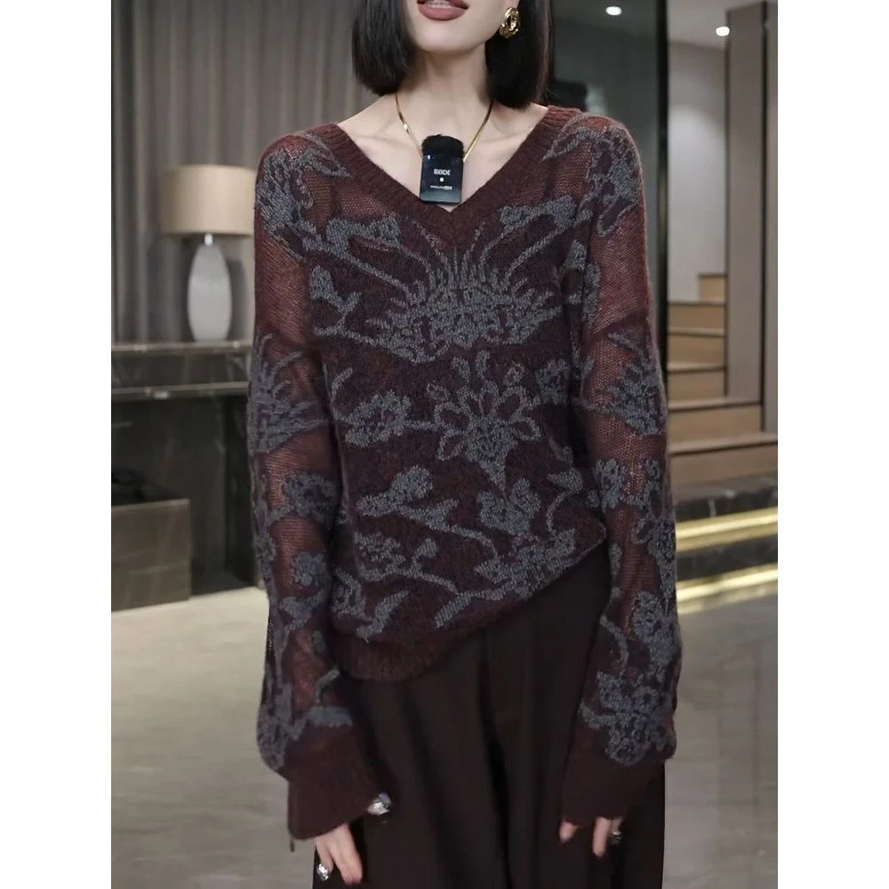 名媛高端时尚V领薄款毛衣显瘦宽松上衣2025秋季新款长袖针织衫