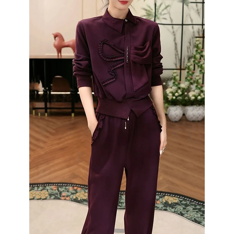 时尚轻奢女神范纯色加绒裤套装女2025秋冬新款洋气休闲上衣+裤子