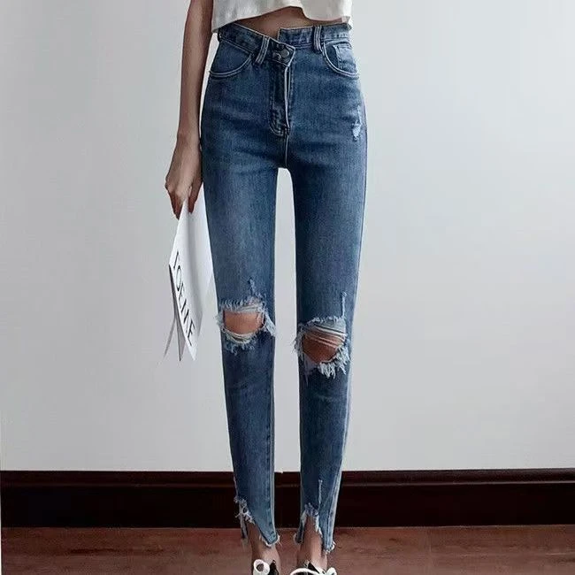 7号新款高腰百搭显瘦休闲弹力修身韩版女裤破洞九分薄款