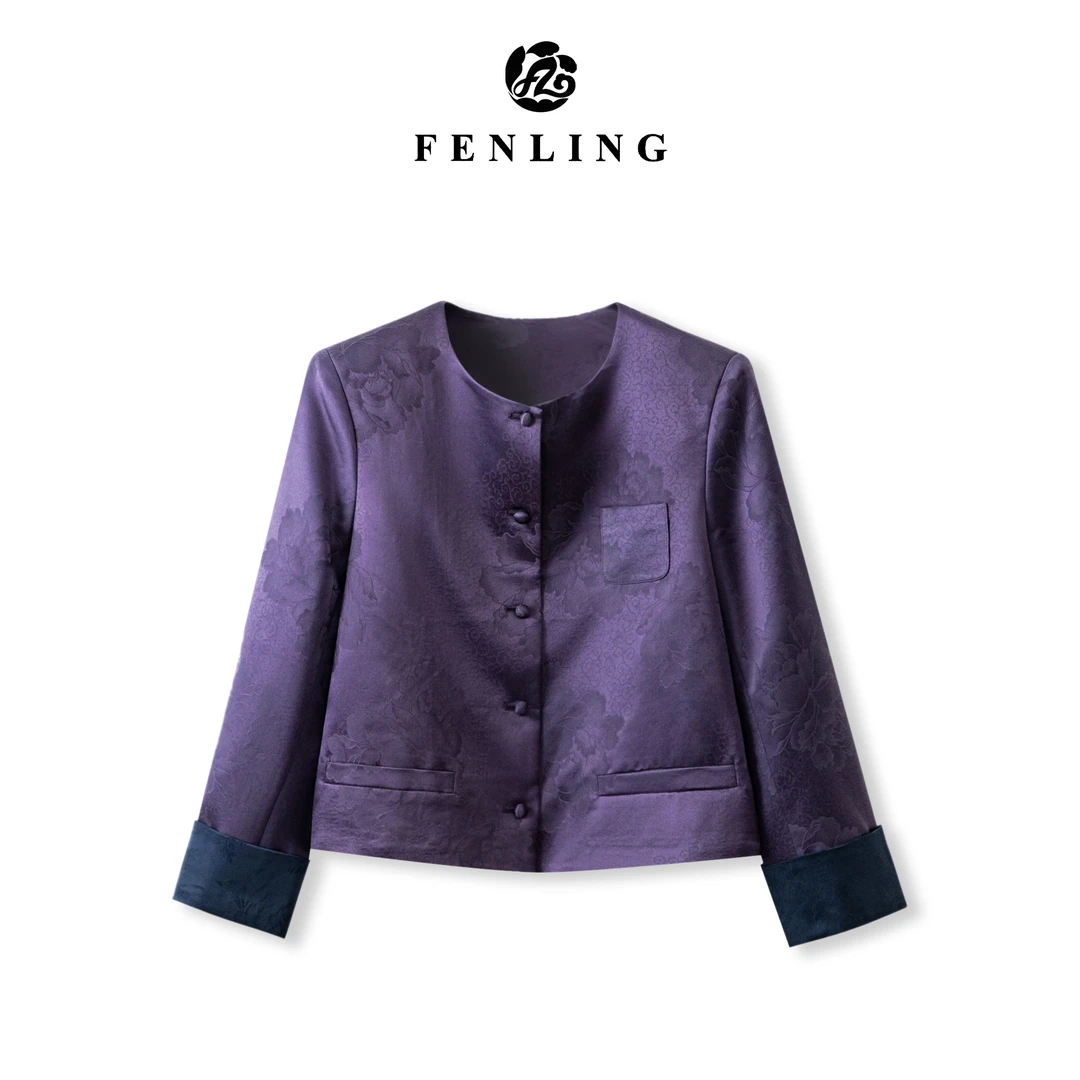 芬领-南嫣-桑蚕丝香云纱40姆米老料重缎提花国风圆领长袖外套WT96