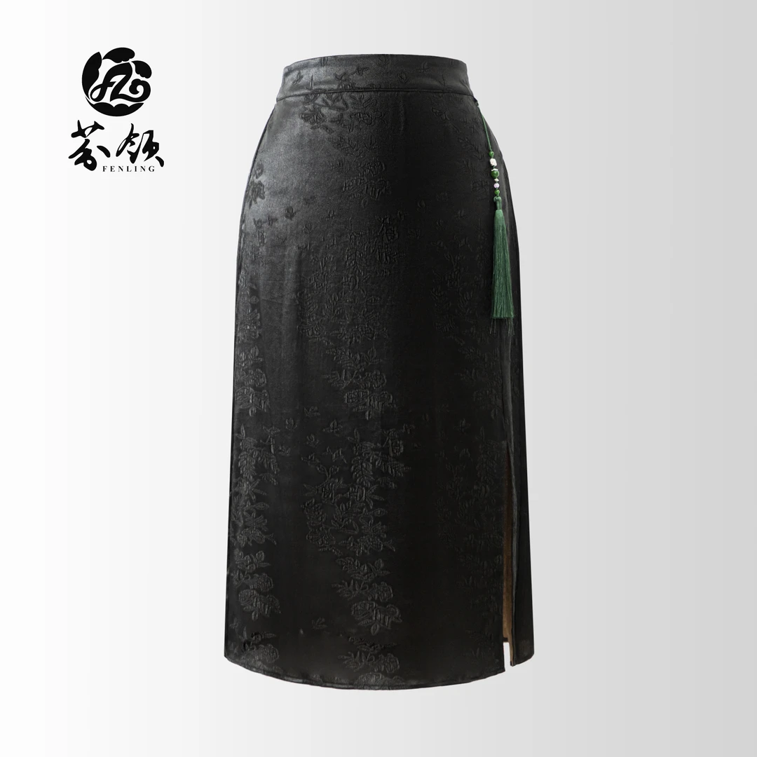 芬领-黑色枝叶-新中式桑蚕丝香云纱冠乐缎35姆米半身裙